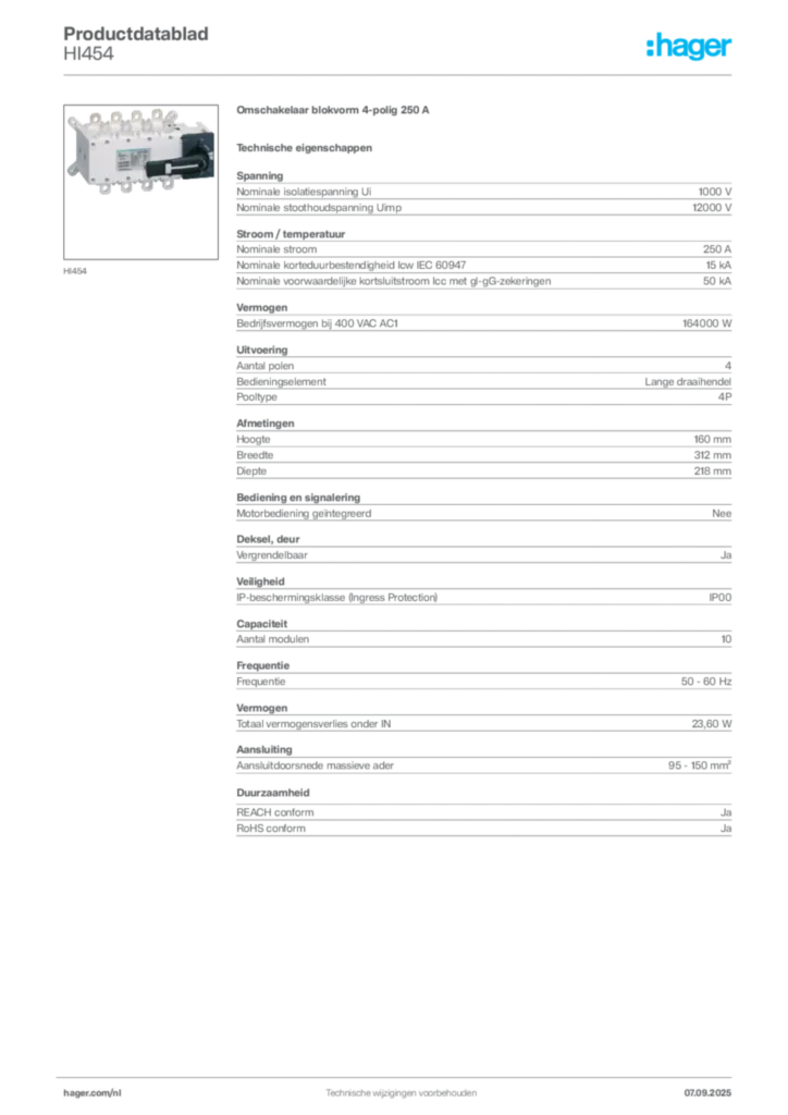 Afbeelding Hager Productdatablad HI454 | Hager Nederland