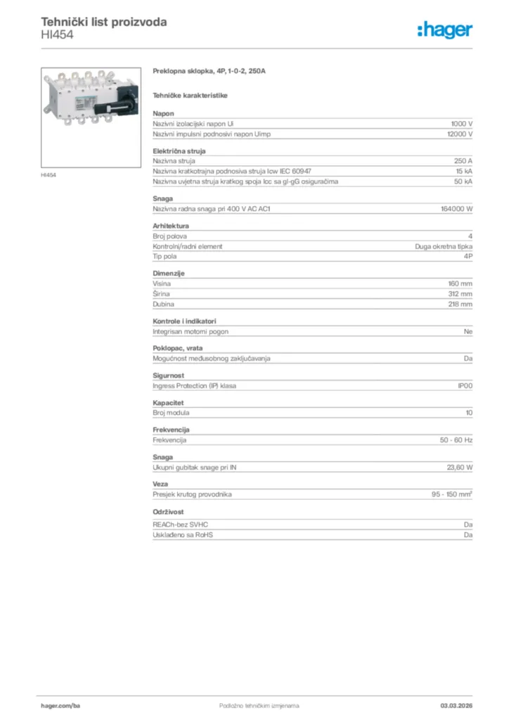 Slika Hager Tehnički list proizvoda HI454  | Hager