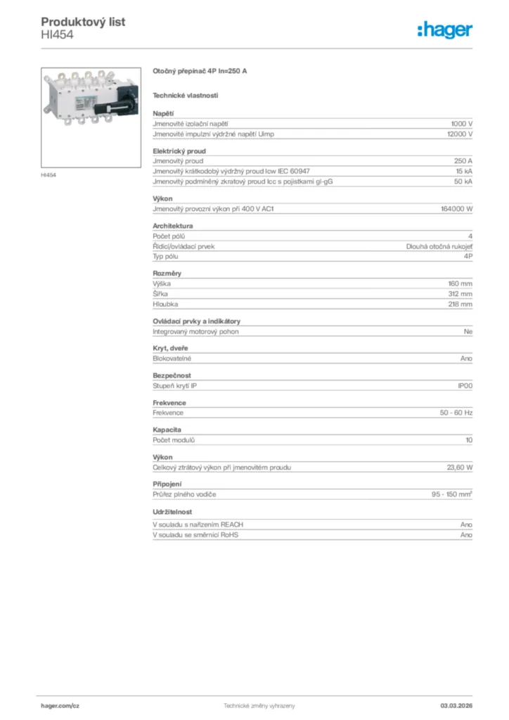 Obrázek Hager Product data sheet HI454 | Hager