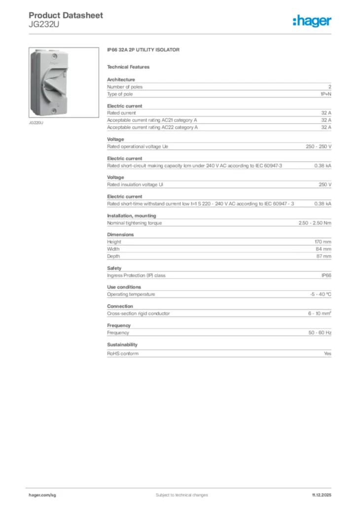 Image Hager Product data sheet JG232U  | Hager