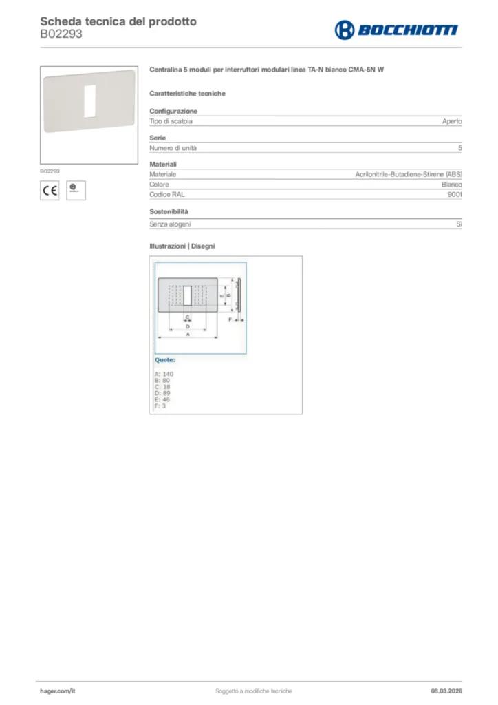Immagine Bocchiotti Scheda tecnica del prodotto B02293 | Hager Italia