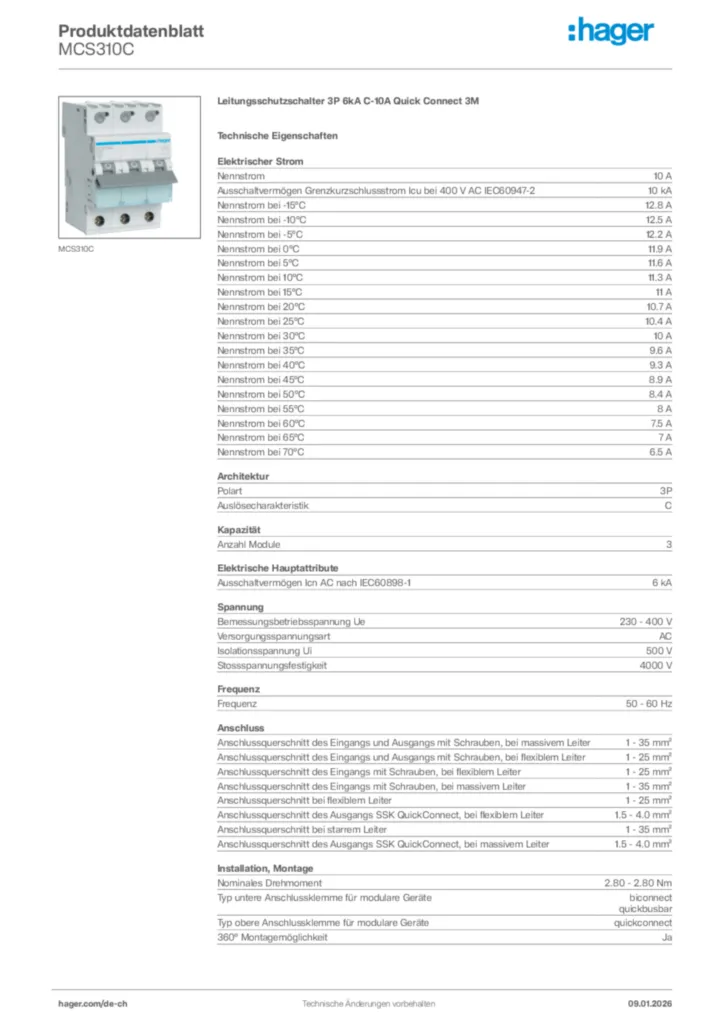 Bild Hager Produktdatenblatt MCS310C | Hager Schweiz