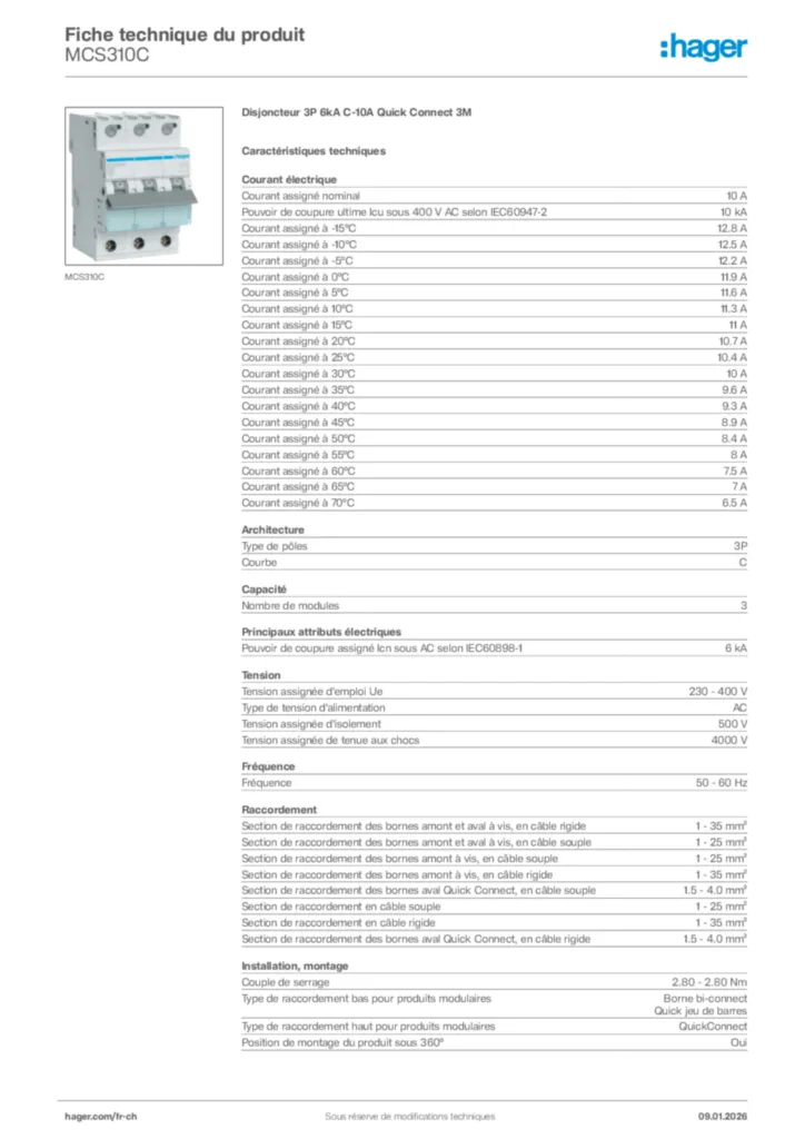 Image Hager Fiche technique du produit MCS310C | Hager Suisse