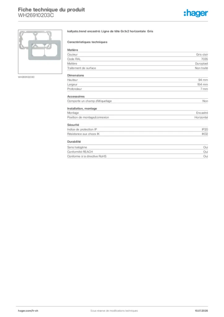 Image Hager Fiche technique du produit WH26910203C | Hager Suisse