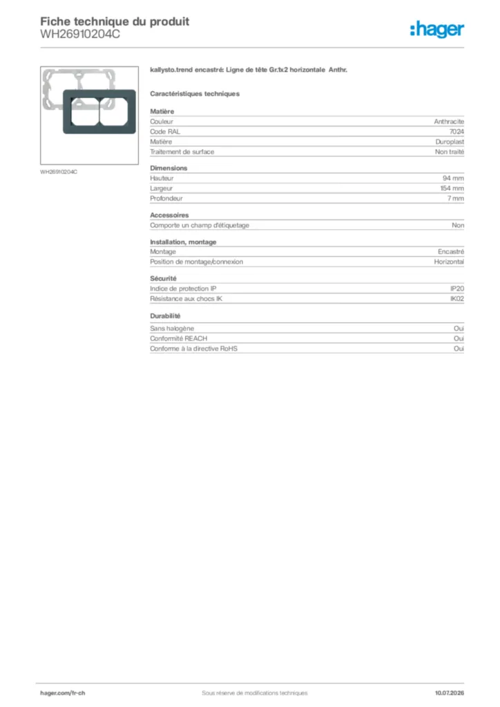 Image Hager Fiche technique du produit WH26910204C | Hager Suisse