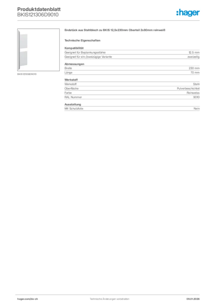 Bild Hager Produktdatenblatt BKIS121306D9010 | Hager Schweiz