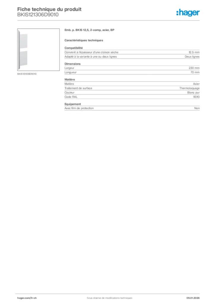 Image Hager Fiche technique du produit BKIS121306D9010 | Hager Suisse