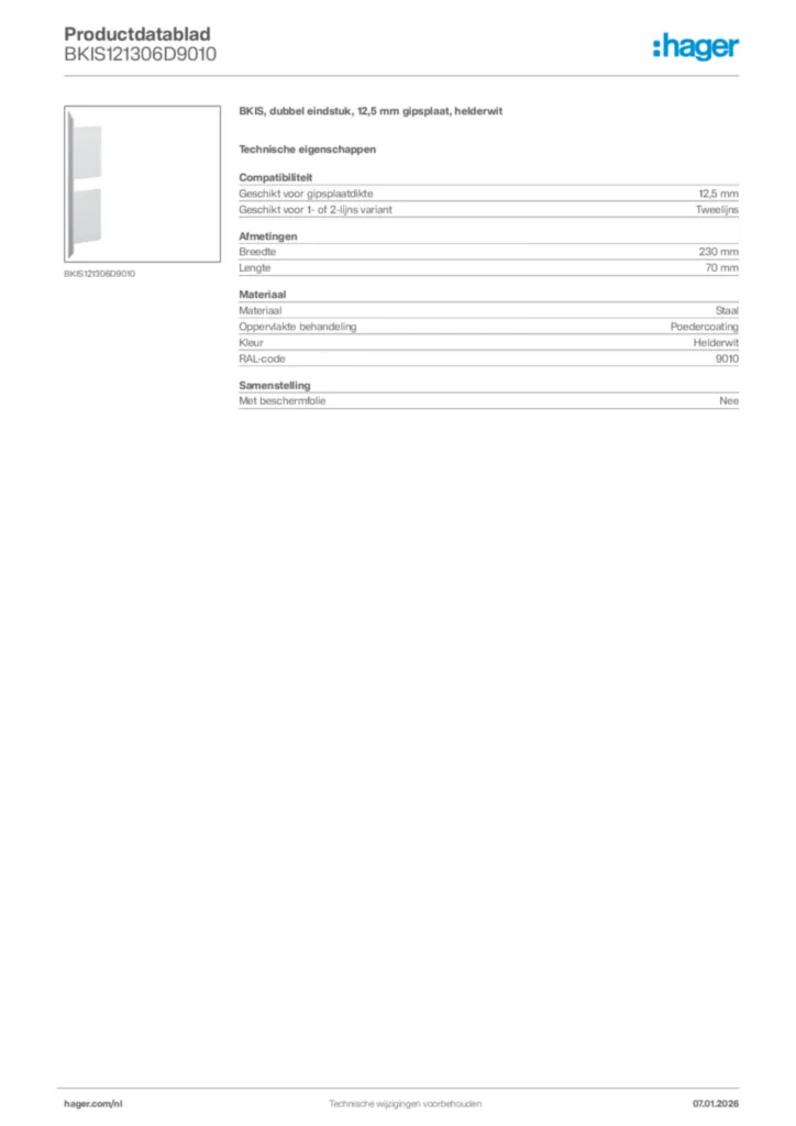 Afbeelding Hager Productdatablad BKIS121306D9010 | Hager Nederland