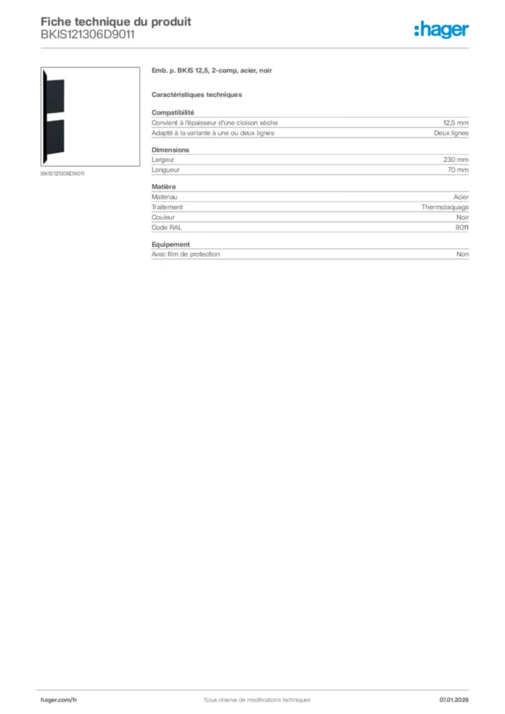 Image Hager Fiche technique du produit BKIS121306D9011 | Hager France