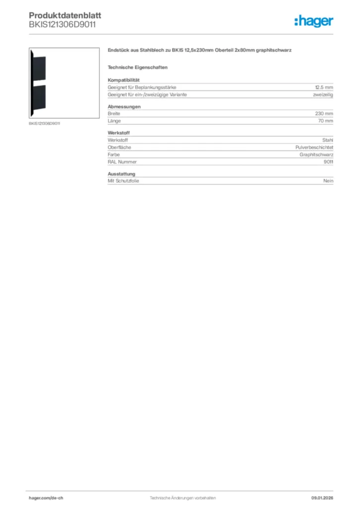 Bild Hager Produktdatenblatt BKIS121306D9011 | Hager Schweiz