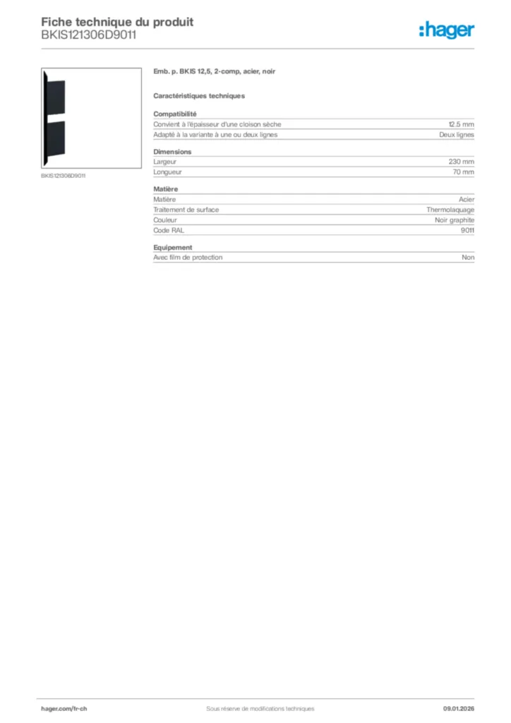 Image Hager Fiche technique du produit BKIS121306D9011 | Hager Suisse