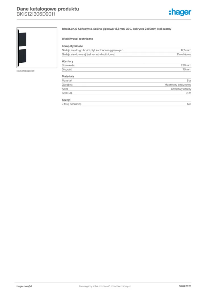 Zdjęcie Hager Karta katalogowa BKIS121306D9011 | Hager Polska