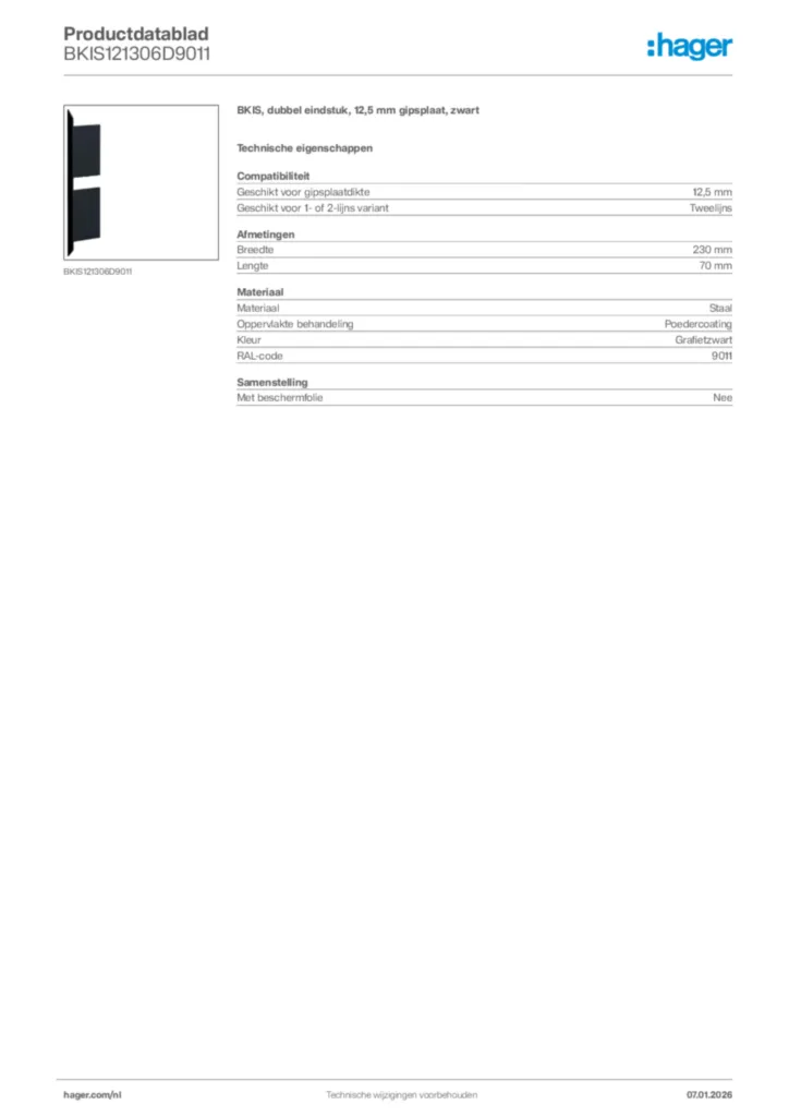 Afbeelding Hager Productdatablad BKIS121306D9011 | Hager Nederland