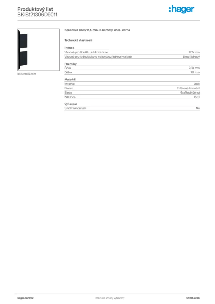 Obrázek Hager Product data sheet BKIS121306D9011 | Hager