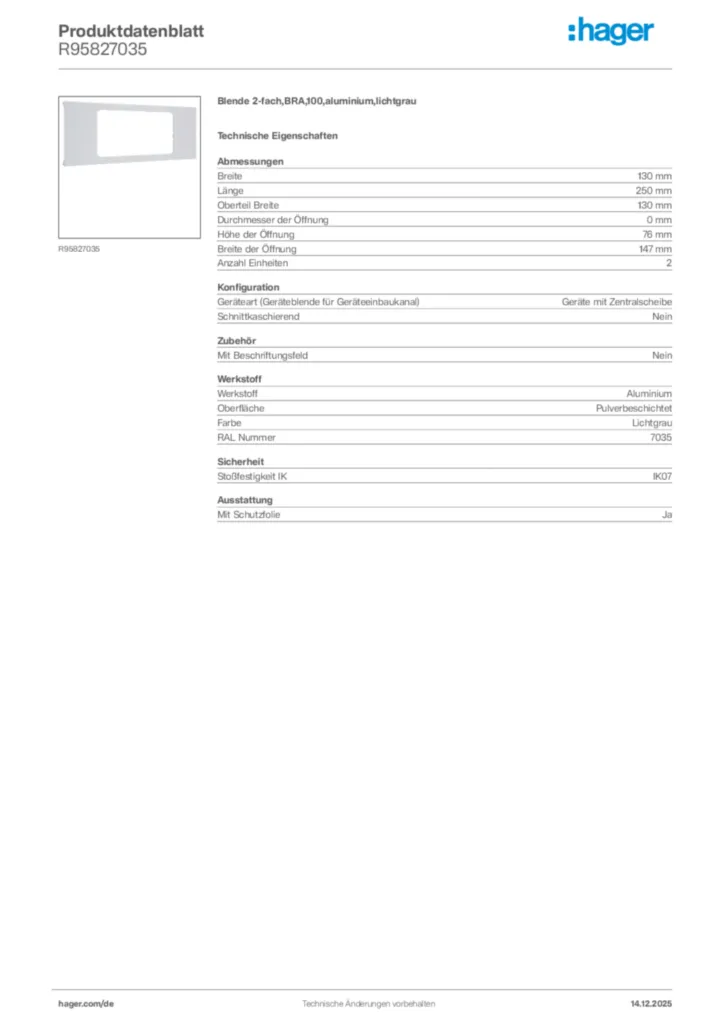 Bild Hager Produktdatenblatt R95827035 | Hager Deutschland