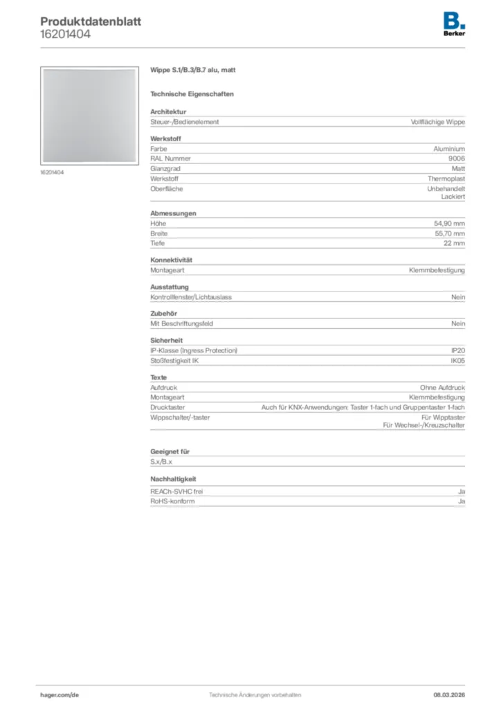 Bild Berker Produktdatenblatt 16201404 | Hager Deutschland