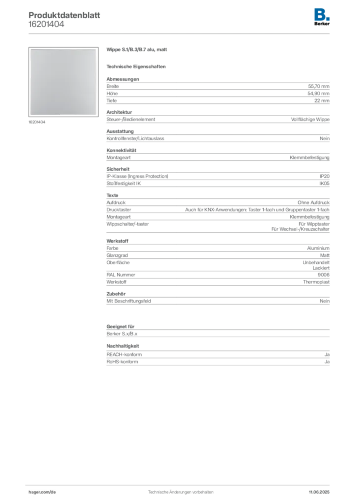 Bild Berker Produktdatenblatt 16201404 | Hager Deutschland