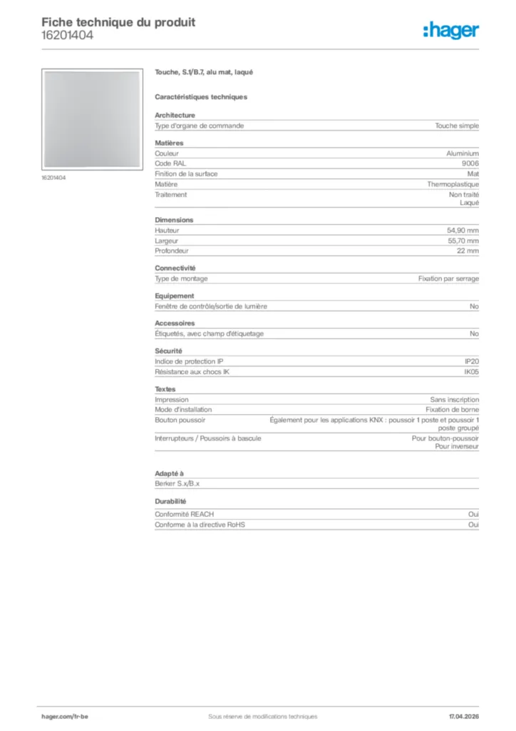 Image Hager Fiche technique du produit 16201404 | Hager Belgique