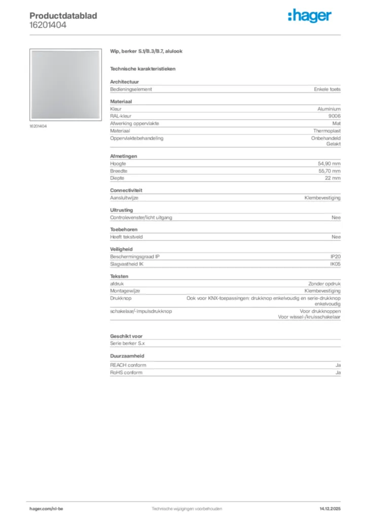 Afbeelding Hager Productdatablad 16201404 | Hager Belgium