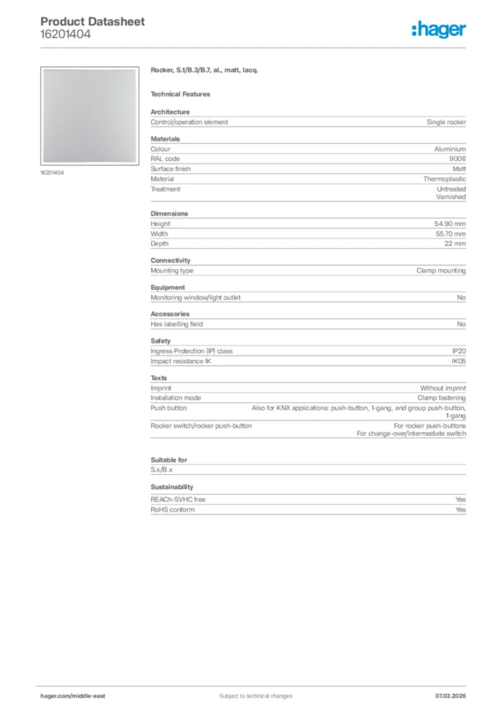 Image Hager Product data sheet 16201404  | Hager