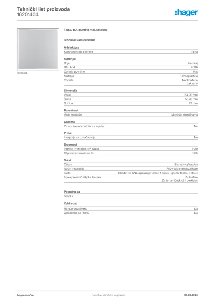 Slika Hager Tehnički list proizvoda 16201404  | Hager