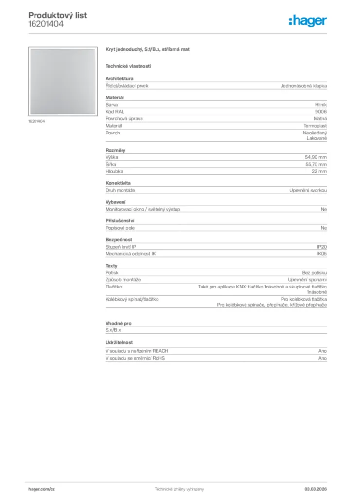 Obrázek Hager Product data sheet 16201404 | Hager