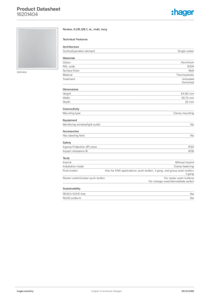 Image Hager Product data sheet 16201404  | Hager