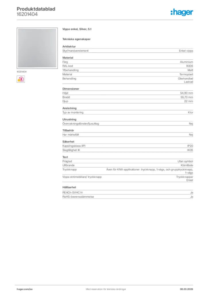 Bild Hager Produktdatablad 16201404 | Hager Sverige