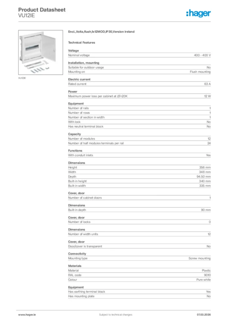 Image Hager Product data sheet VU12IE  | Hager