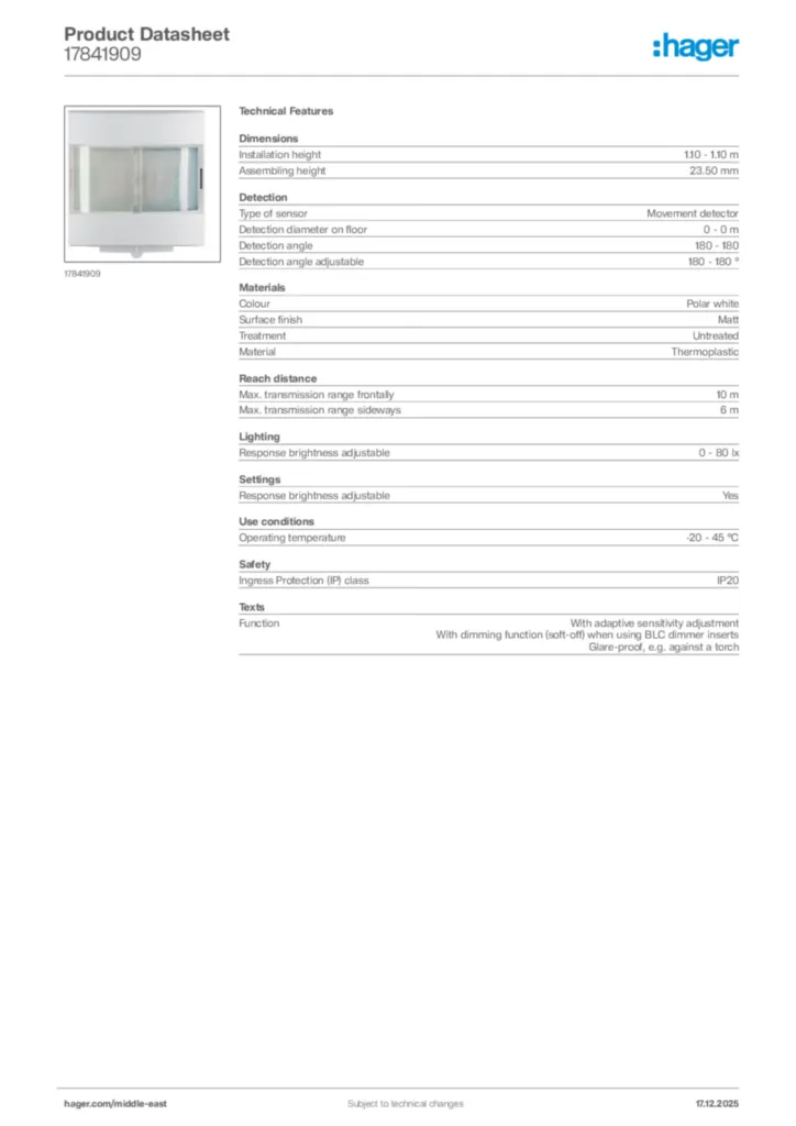 Image Hager Product data sheet 17841909  | Hager