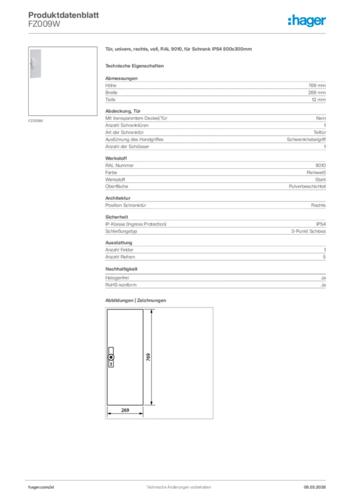 Bild Hager Produktdatenblatt FZ009W | Hager Deutschland