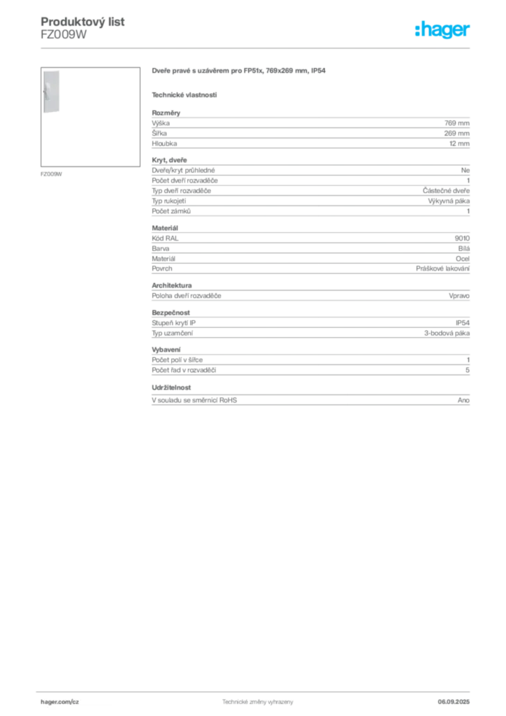 Obrázek Hager Produktový list FZ009W | Hager