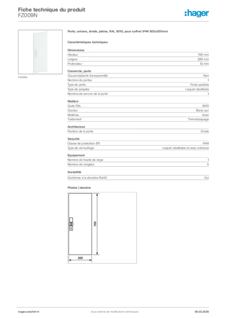 Image Hager Fiche technique du produit FZ009N | Hager Afrique