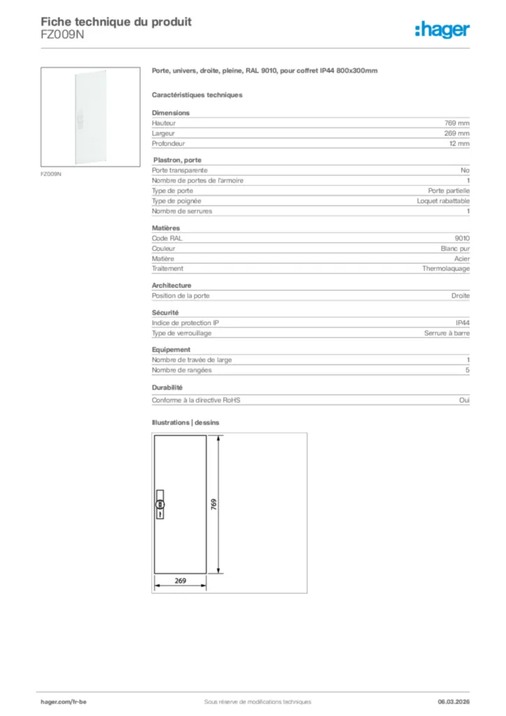 Image Hager Fiche technique du produit FZ009N | Hager Belgique