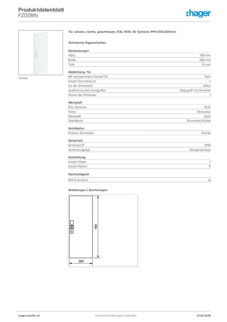 Bild Hager Produktdatenblatt FZ009N | Hager Schweiz