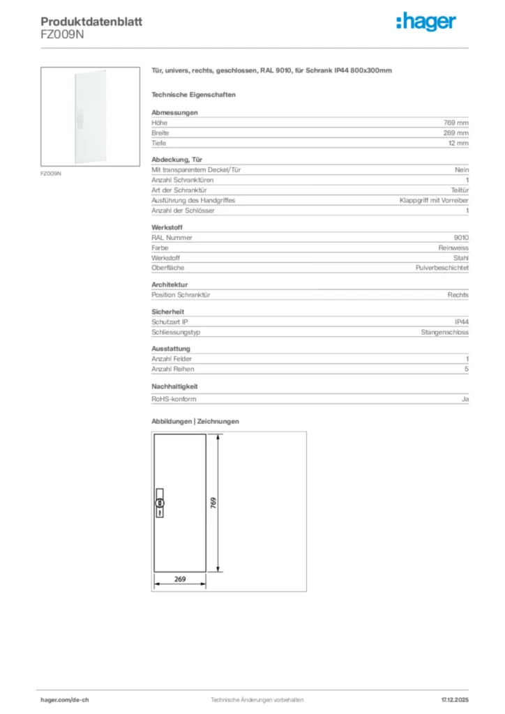 Bild Hager Produktdatenblatt FZ009N | Hager Schweiz