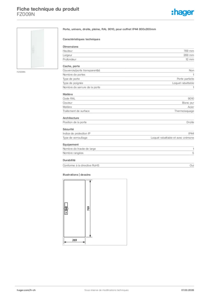 Image Hager Fiche technique du produit FZ009N | Hager Suisse