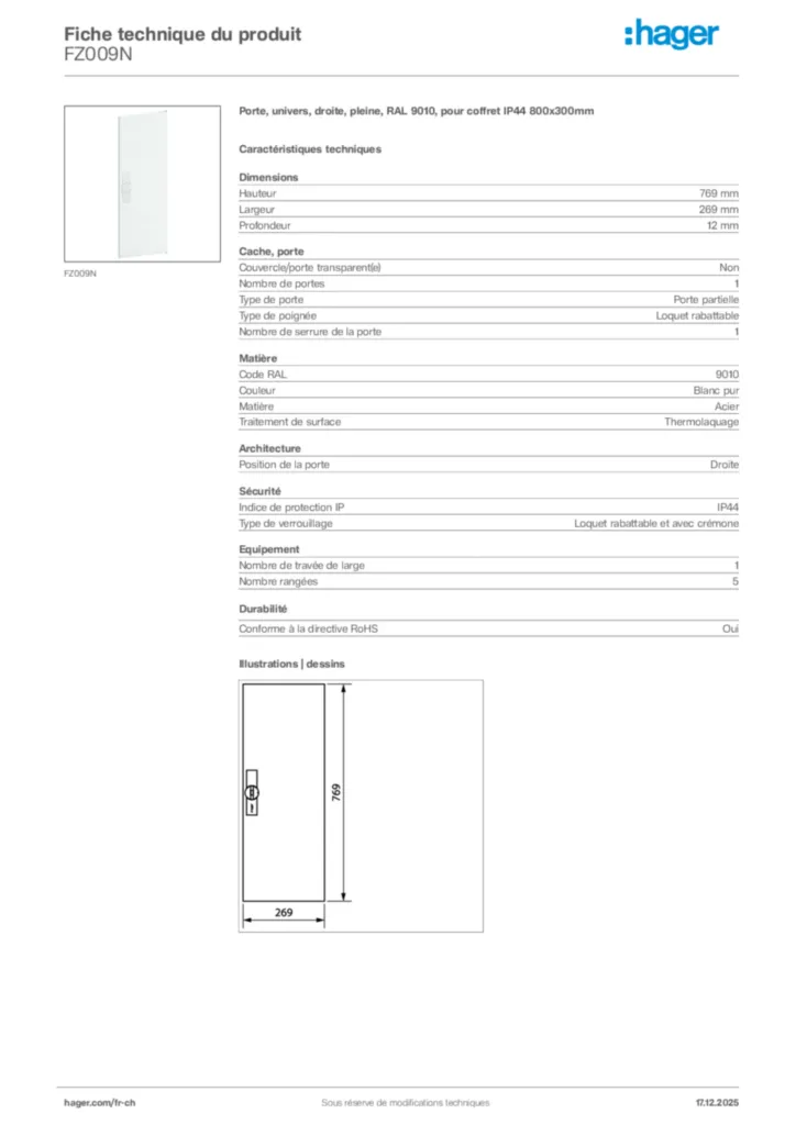 Image Hager Fiche technique du produit FZ009N | Hager Suisse