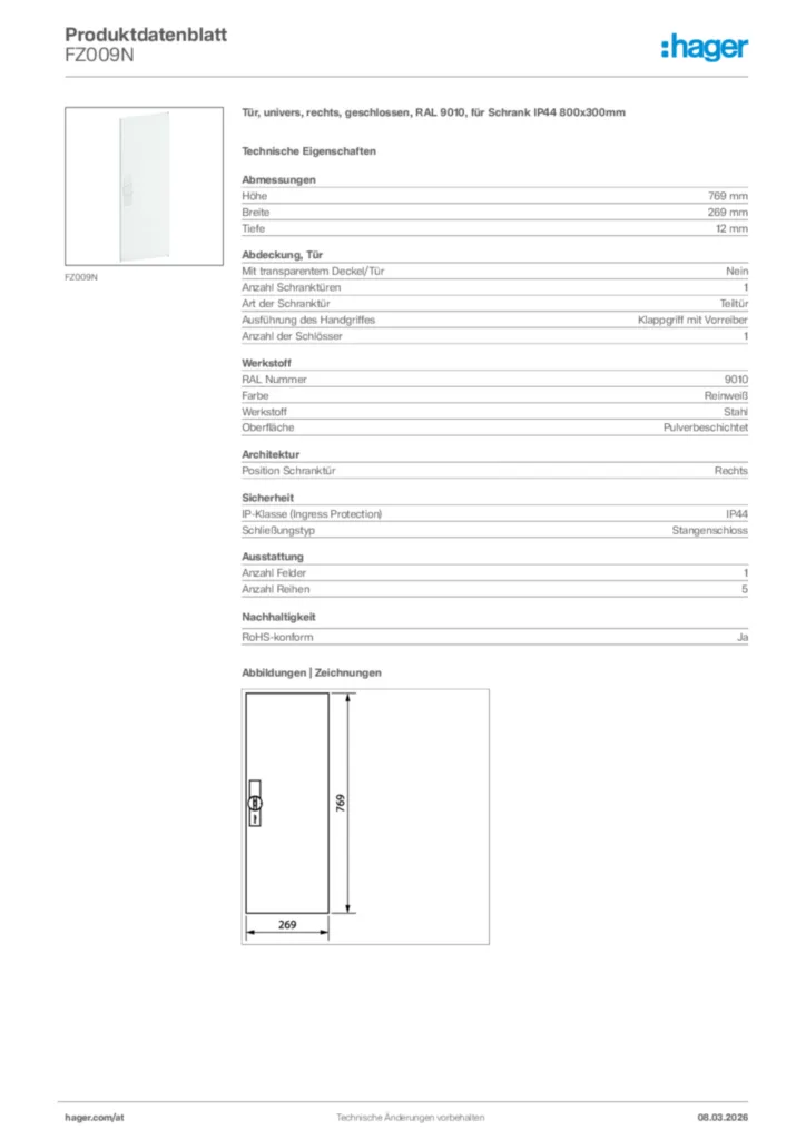 Bild Hager Produktdatenblatt FZ009N | Hager Deutschland