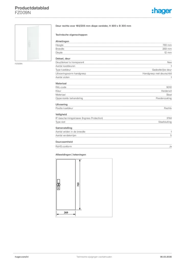 Afbeelding Hager Productdatablad FZ009N | Hager Nederland