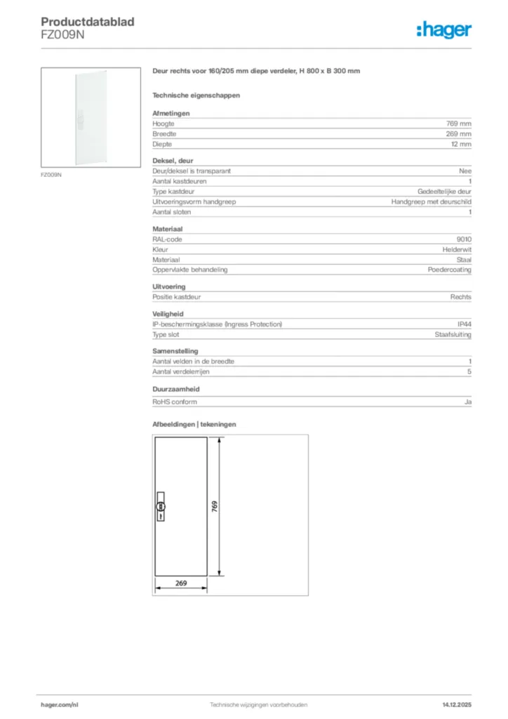 Afbeelding Hager Productdatablad FZ009N | Hager Nederland