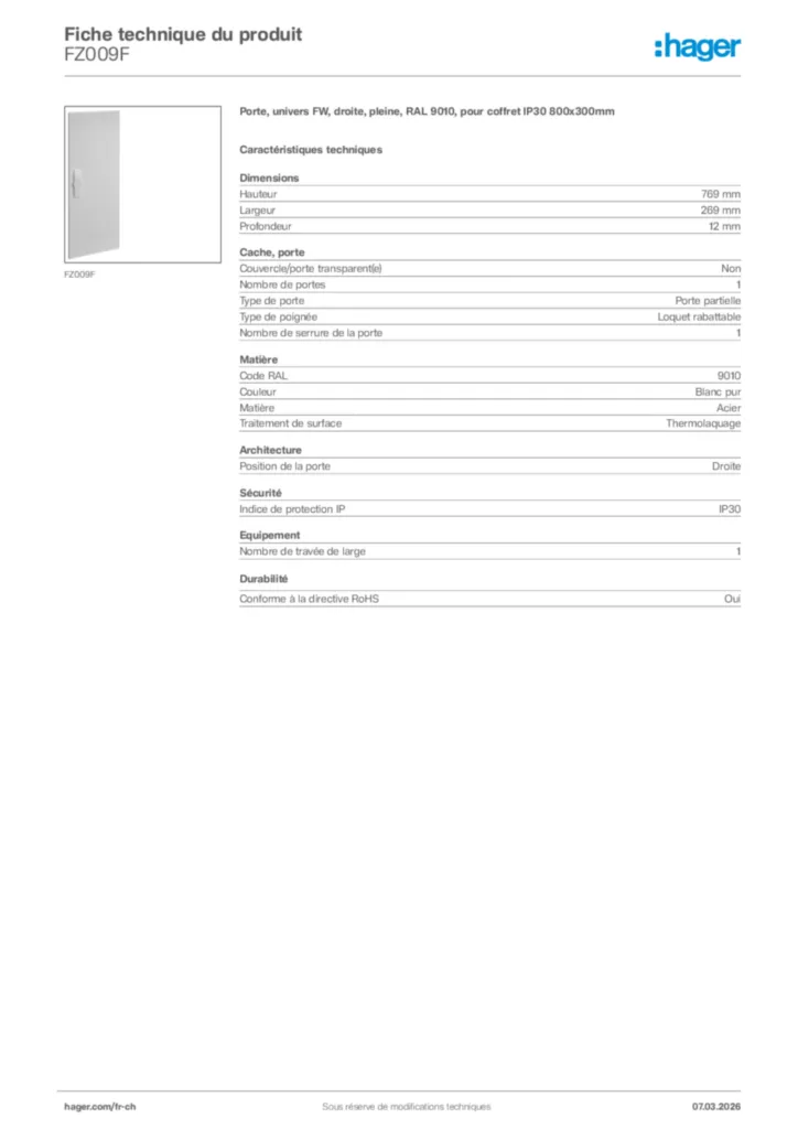 Image Hager Fiche technique du produit FZ009F | Hager Suisse