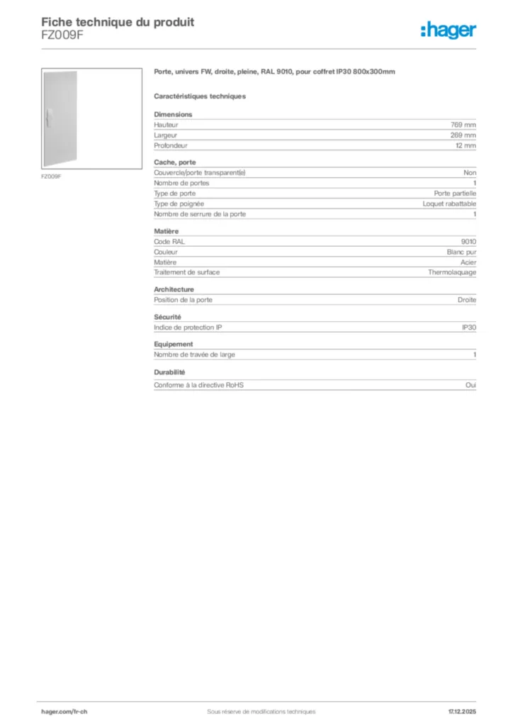 Image Hager Fiche technique du produit FZ009F | Hager Suisse