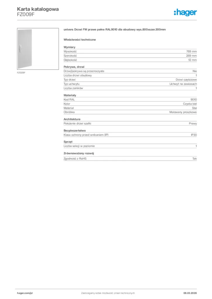 Zdjęcie Hager Karta katalogowa FZ009F | Hager Polska