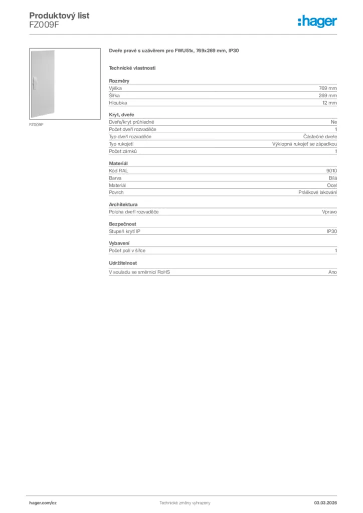 Obrázek Hager Product data sheet FZ009F | Hager