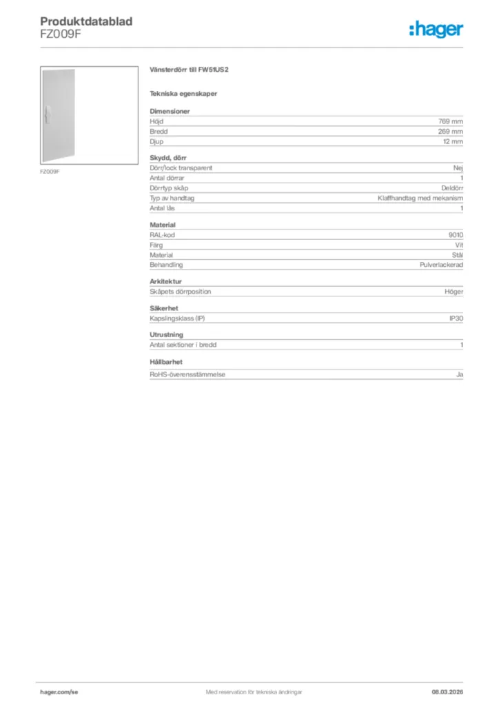 Bild Hager Produktdatablad FZ009F | Hager Sverige