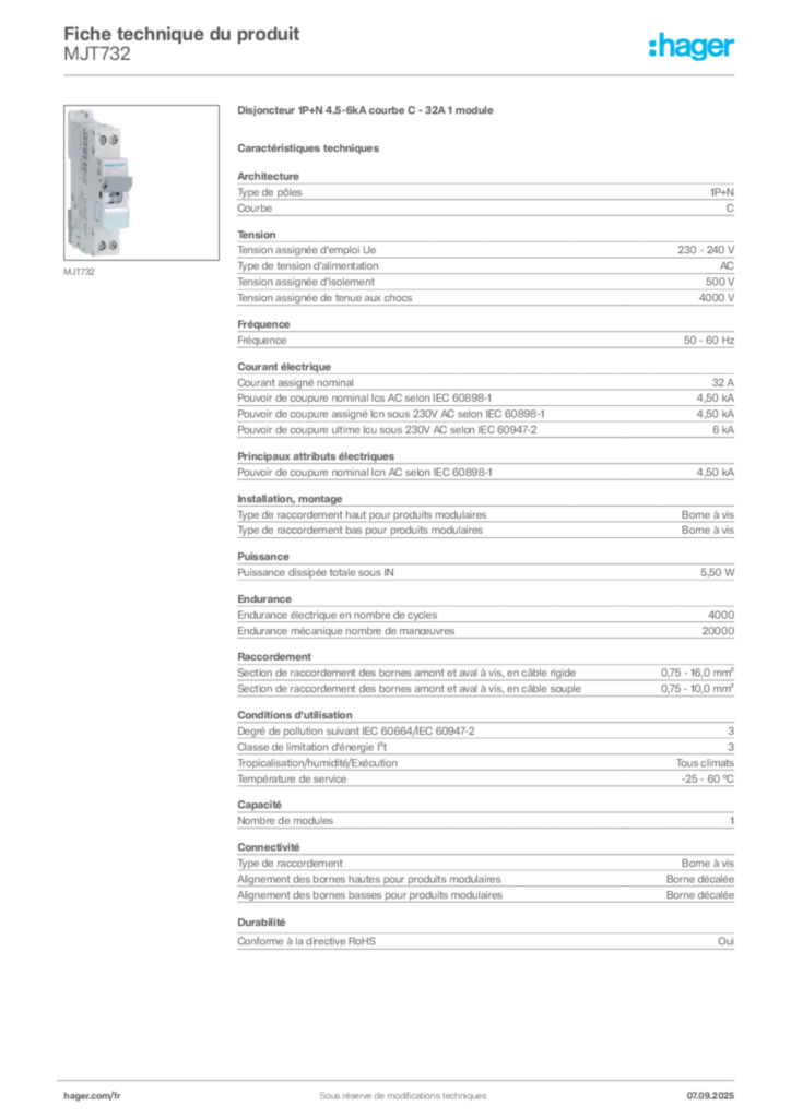 Image Hager Fiche technique du produit MJT732 | Hager France