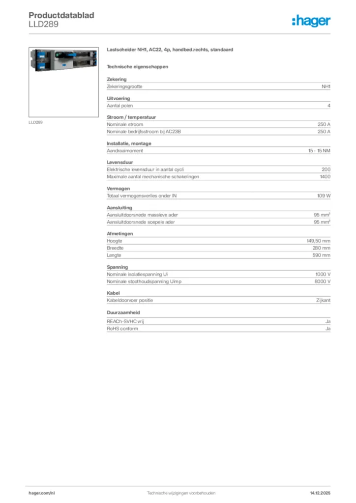 Afbeelding Hager Productdatablad LLD289 | Hager Nederland