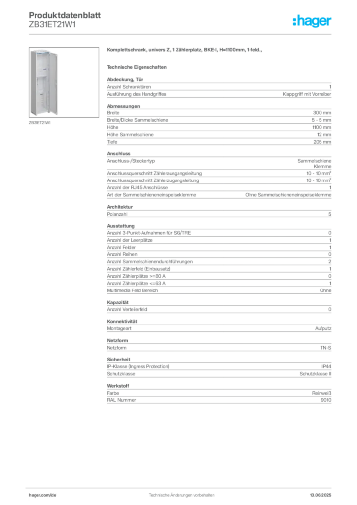 Bild Hager Produktdatenblatt ZB31ET21W1 | Hager Deutschland