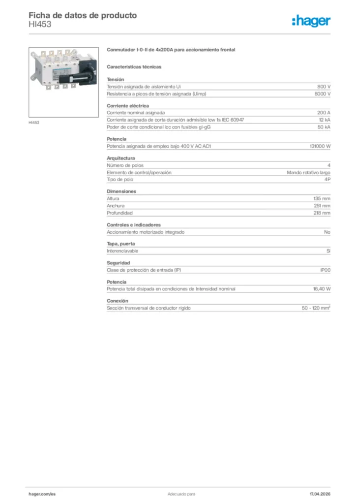 Imagen Hager Ficha de datos de producto HI453 | Hager España